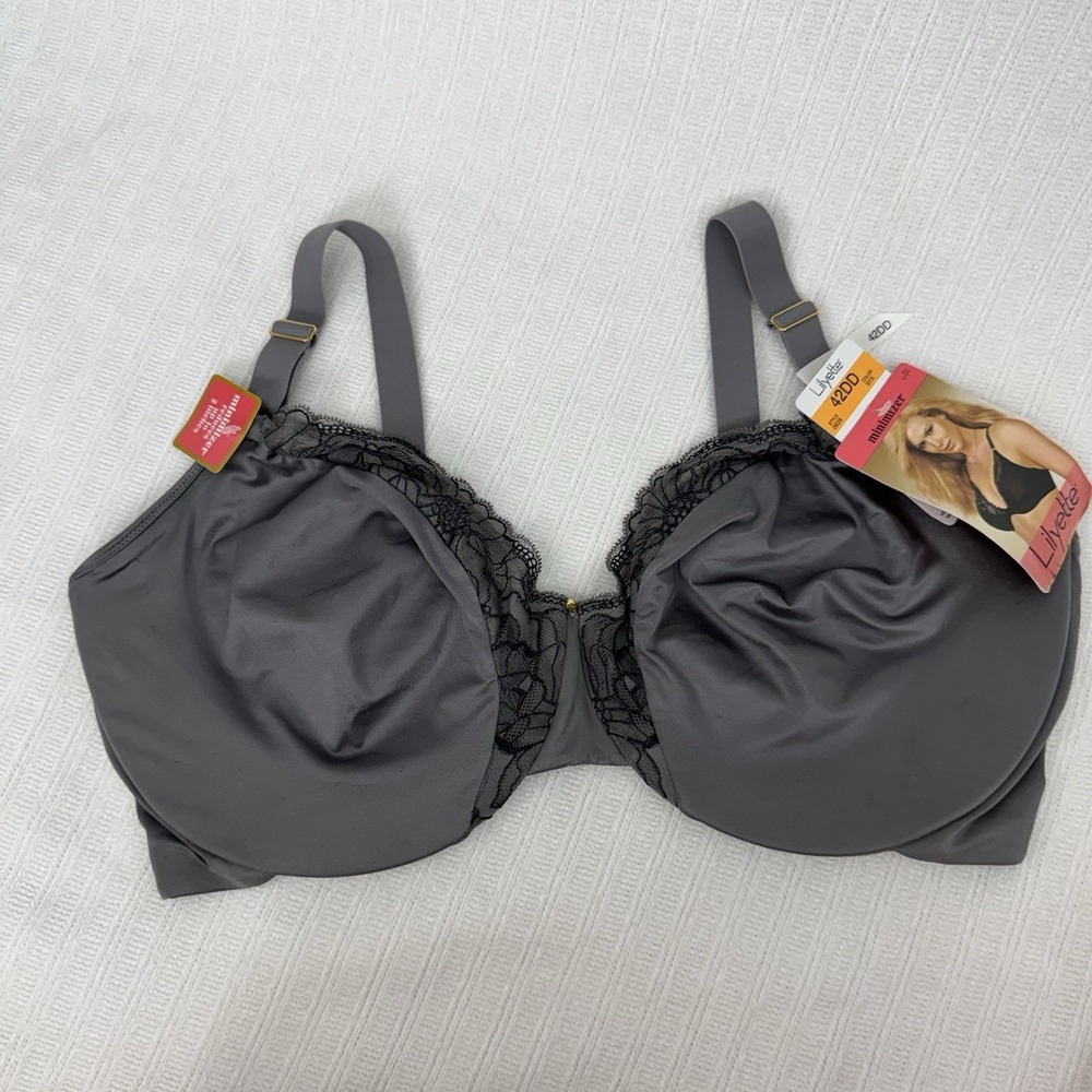 NEW Lilyette‎ Minimizer Bra 42DD Gray Lace Underwire Full Coverage